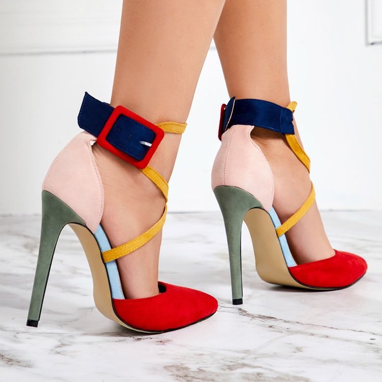 Faux Suede Color Block Stiletto Heel Spisse Toe Dame Pumps