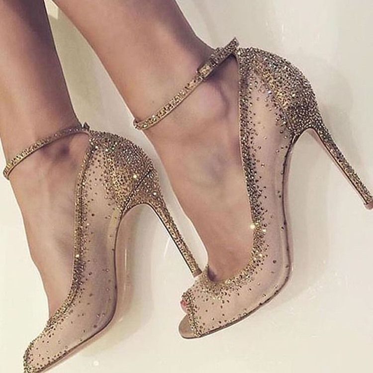 Kvinner Gyldent Rhinestone Titte Tå Stiletto Hæl Pumps