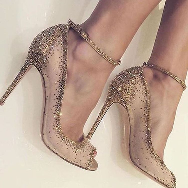 Kvinner Gyldent Rhinestone Titte Tå Stiletto Hæl Pumps