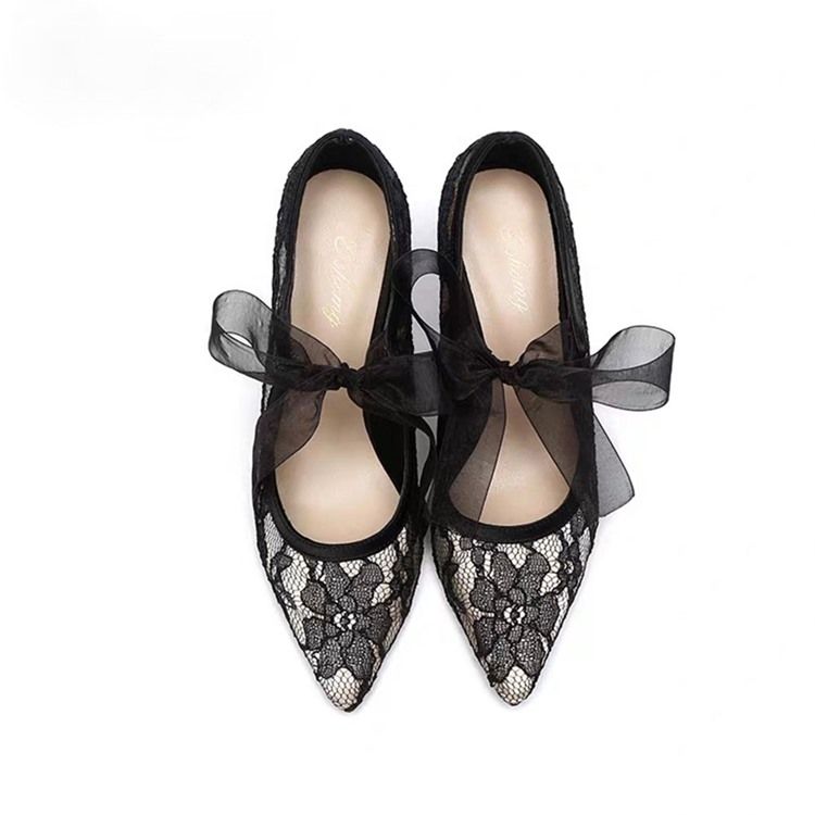 Lace Lace-up Pointed Toe Patchwork Thin Dame Shoes