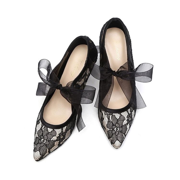 Lace Lace-up Pointed Toe Patchwork Thin Dame Shoes