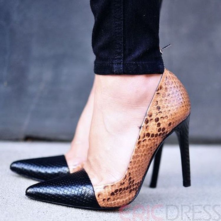 Snake Print Patchwork Point Toe Pumps For Kvinner