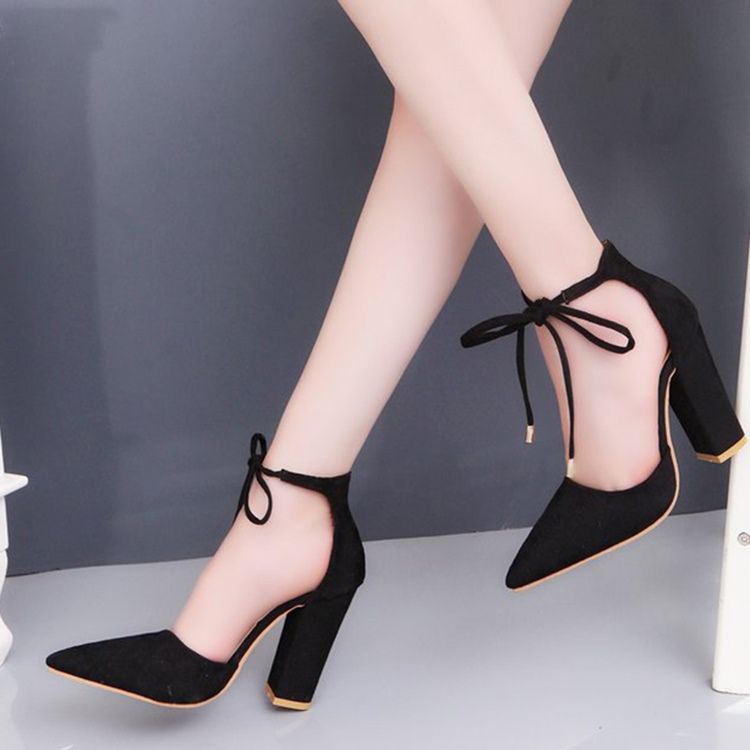 Spisse Tå Lace-up Chunky Heel Dame Pumps