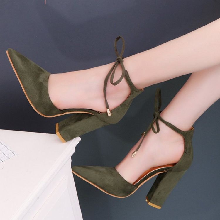 Spisse Tå Lace-up Chunky Heel Dame Pumps