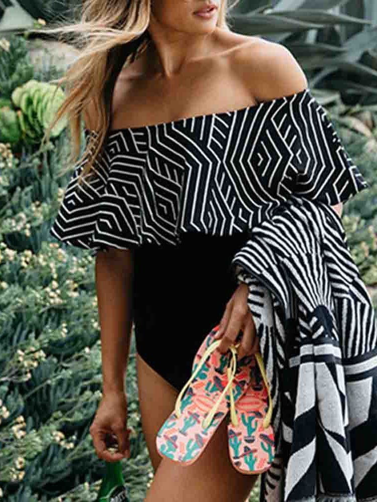 Kvinner Off Shoulder Print Color Block Sexy Badetøy