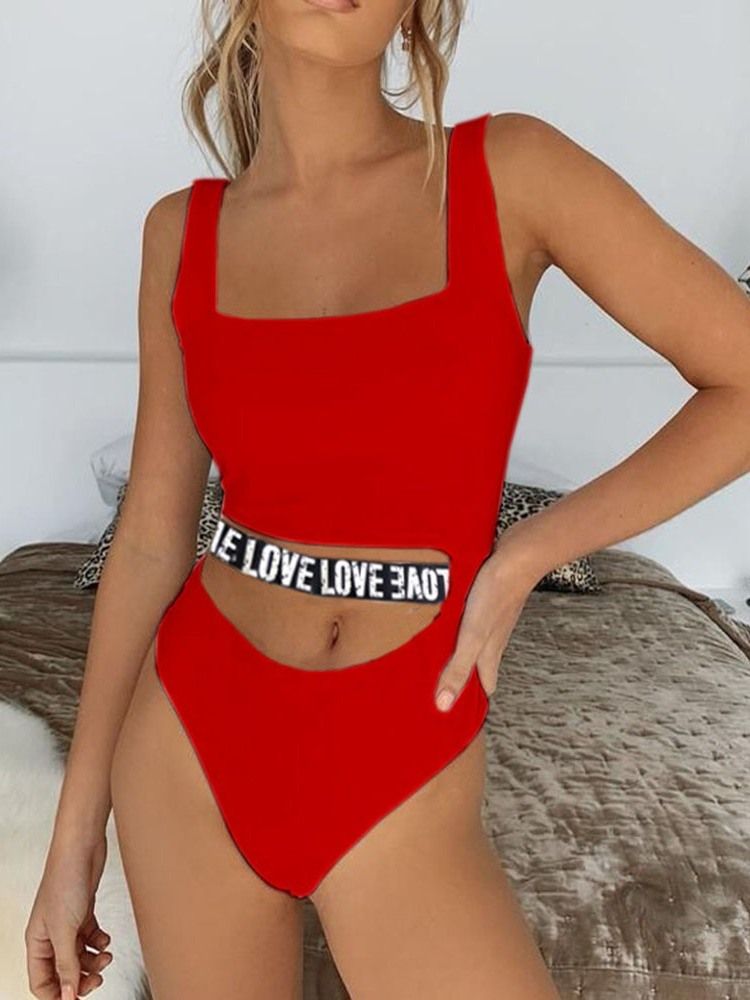 Kvinner One Piece Letter Print Color Block Sexy Badetøy