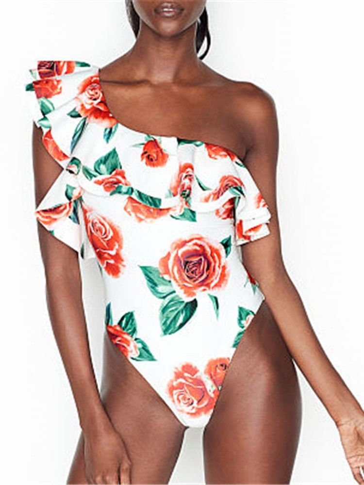 Kvinner One Shoulder Print Sexy Floral Badetøy