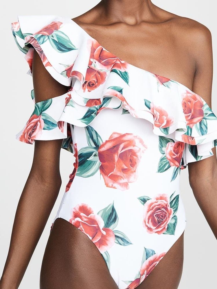 Kvinner Print Sexy Floral One Shoulder Badetøy