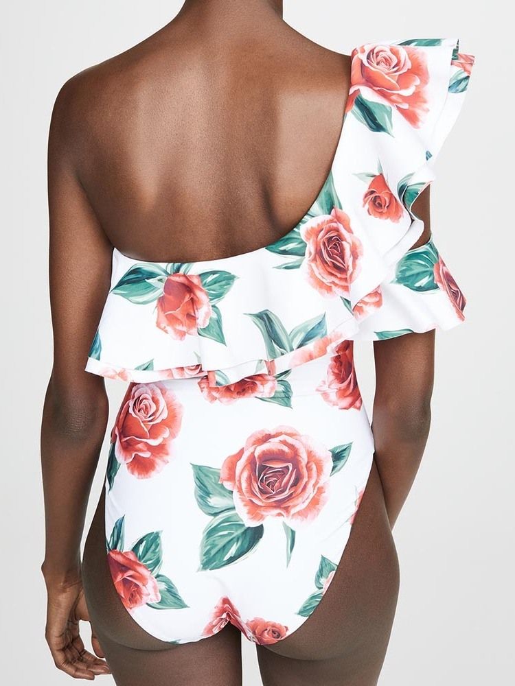 Kvinner Print Sexy Floral One Shoulder Badetøy