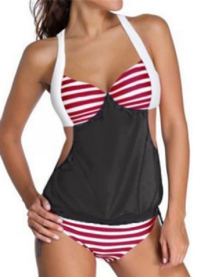 Patchwork Stripe Hollow Tankini Set Badetøy