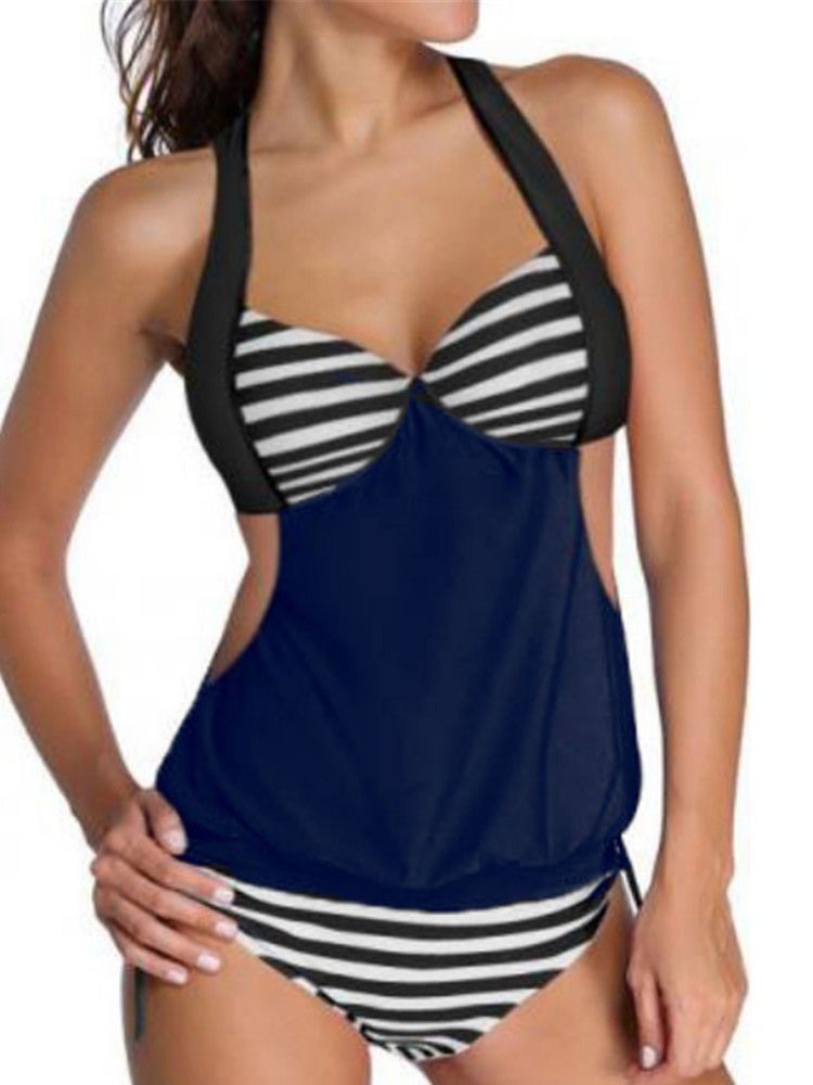 Patchwork Stripe Hollow Tankini Set Badetøy