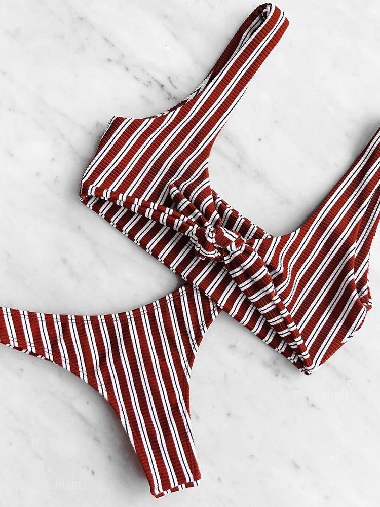 Stripe Bowknot Bikini Set Beach Look Stretchy Badedrakt