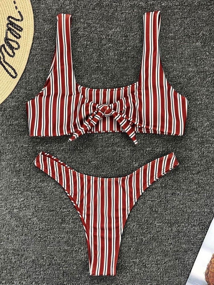 Stripe Bowknot Bikini Set Beach Look Stretchy Badedrakt