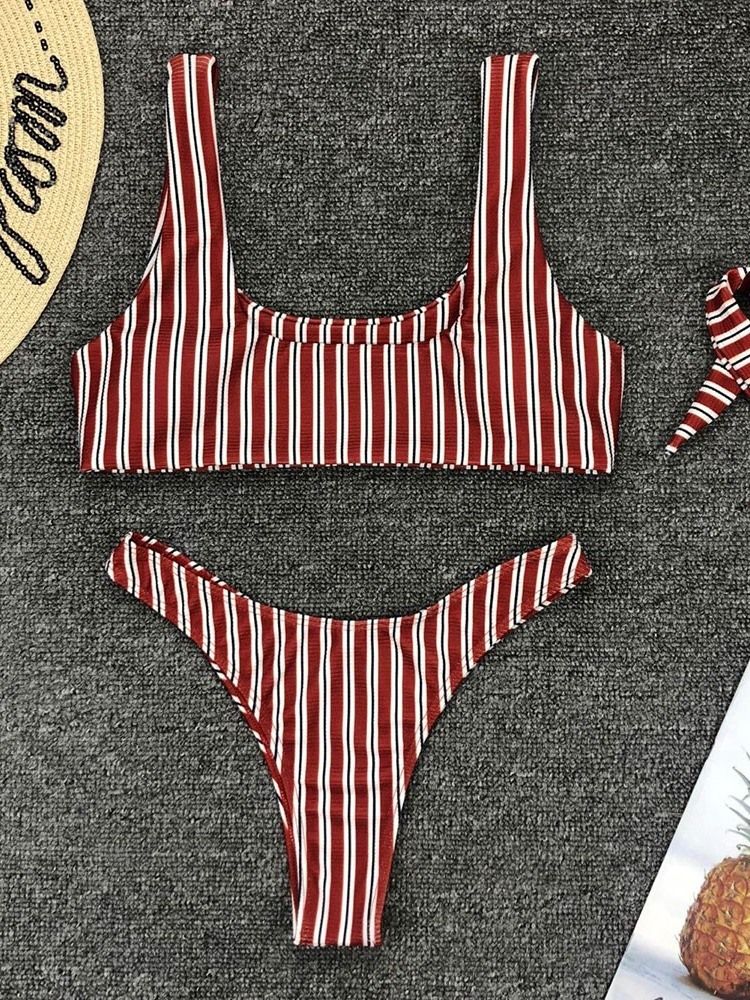 Stripe Bowknot Bikini Set Beach Look Stretchy Badedrakt