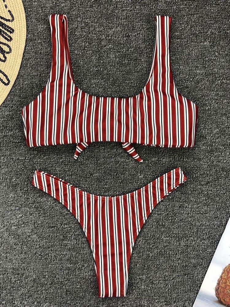 Stripe Bowknot Bikini Set Beach Look Stretchy Badedrakt