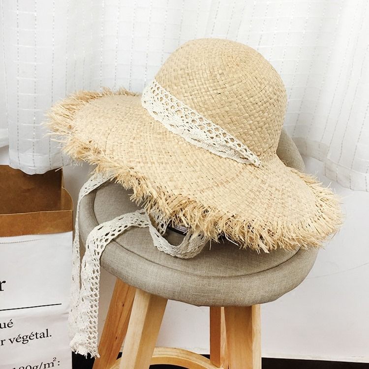 Lafite Straw Lace Bind Sunhat For Kvinner