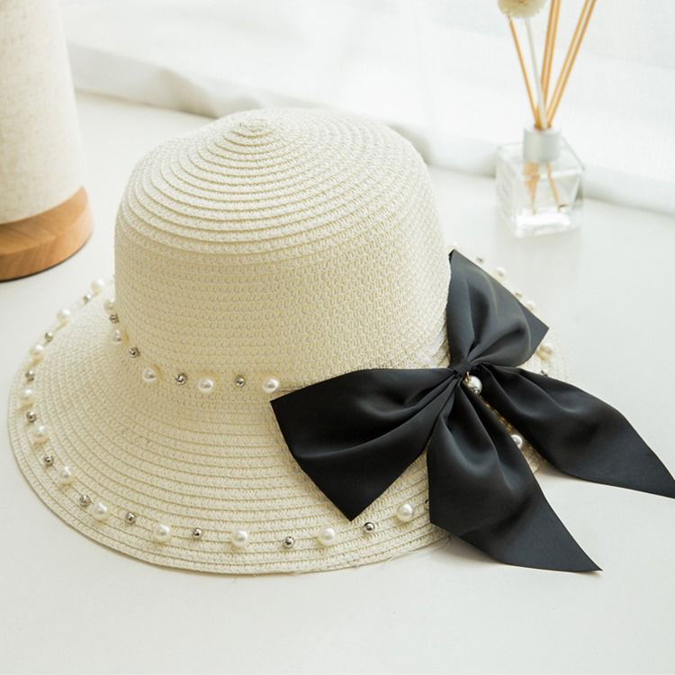 Pearl Hat Bowknot Sunhat For Kvinner