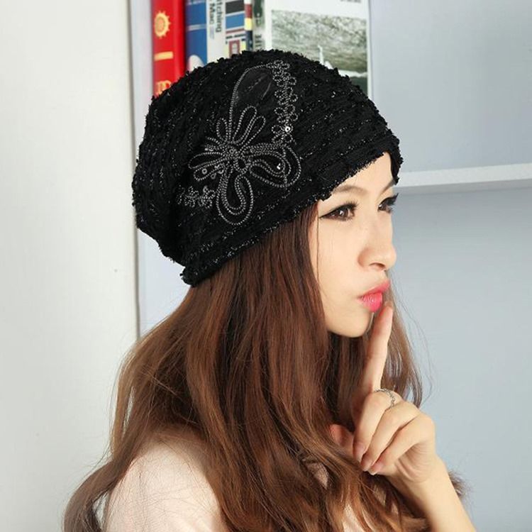 Sweet Soild Color Paillette Lace Butterfly Dame Warm Hat