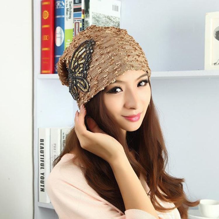 Sweet Soild Color Paillette Lace Butterfly Dame Warm Hat