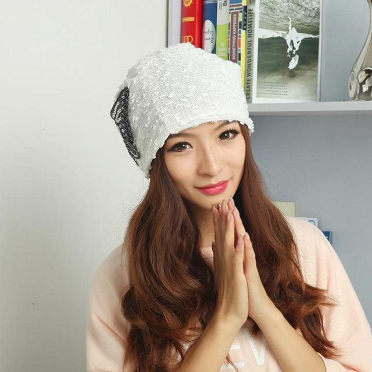 Sweet Soild Color Paillette Lace Butterfly Dame Warm Hat