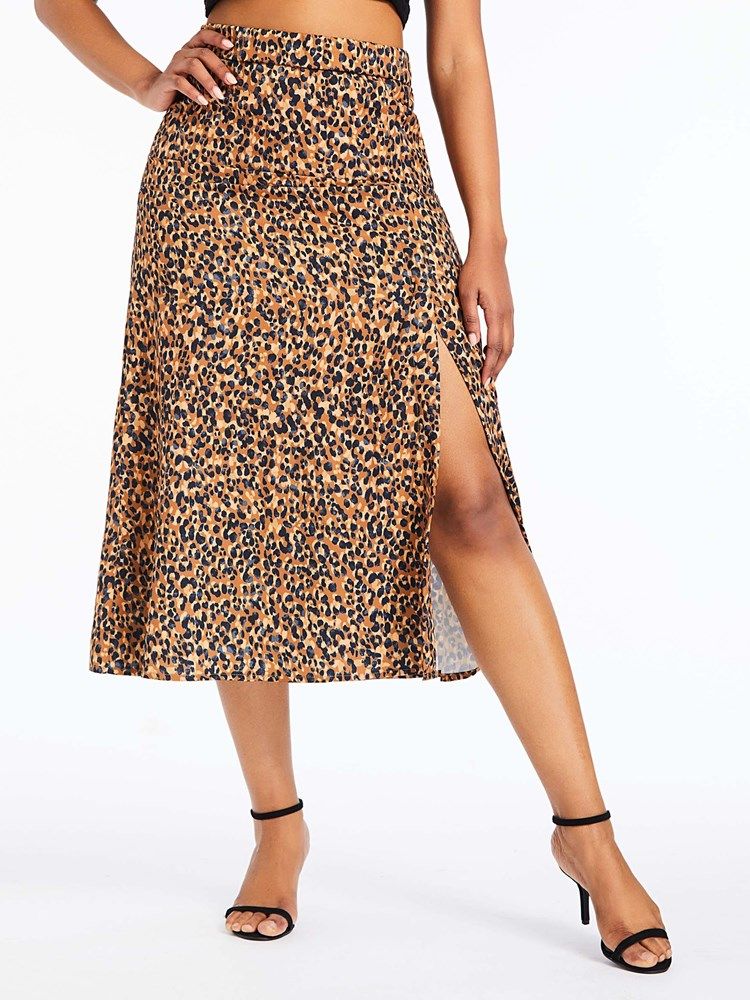 A-line Leopard Slit Mid-calf Fashion Skirt