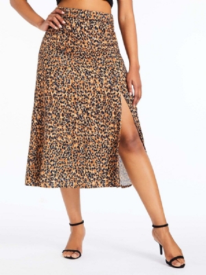 A-line Leopard Slit Mid-calf Fashion Skirt