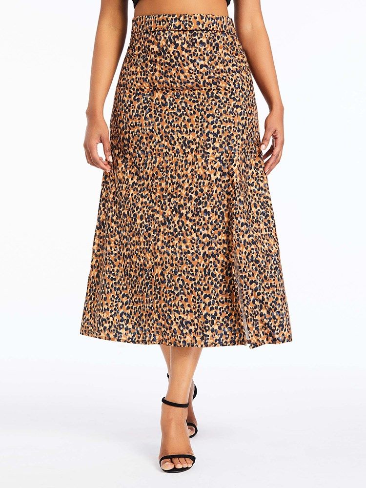 A-line Leopard Slit Mid-calf Fashion Skirt