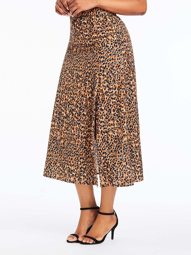 A-line Leopard Slit Mid-calf Fashion Skirt