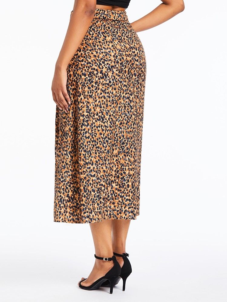 A-line Leopard Slit Mid-calf Fashion Skirt