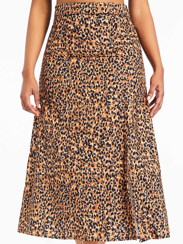 A-line Leopard Slit Mid-calf Fashion Skirt