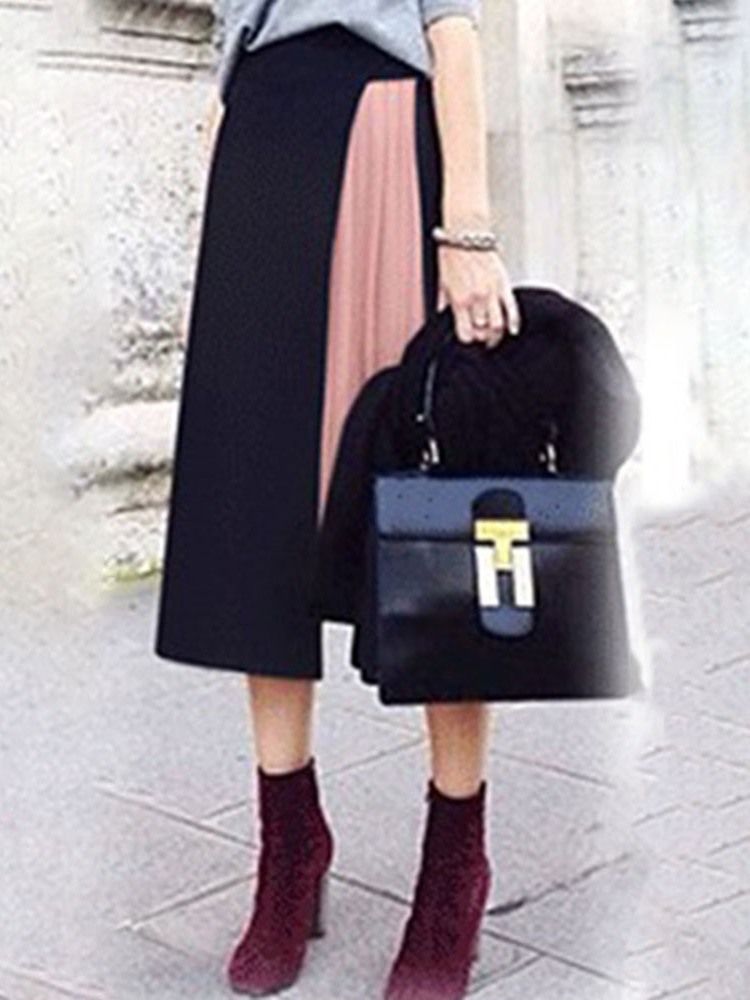 Color Block Pleated Mid-calf Western Dame Skirt