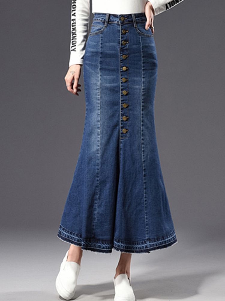 High-waist Ankel-length Mermaid Button Denim Dame Skirt