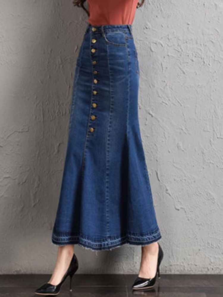 High-waist Ankel-length Mermaid Button Denim Dame Skirt