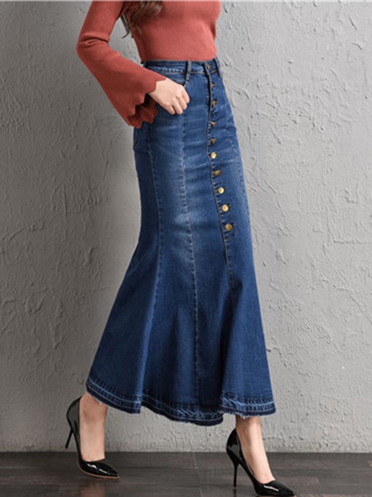 High-waist Ankel-length Mermaid Button Denim Dame Skirt