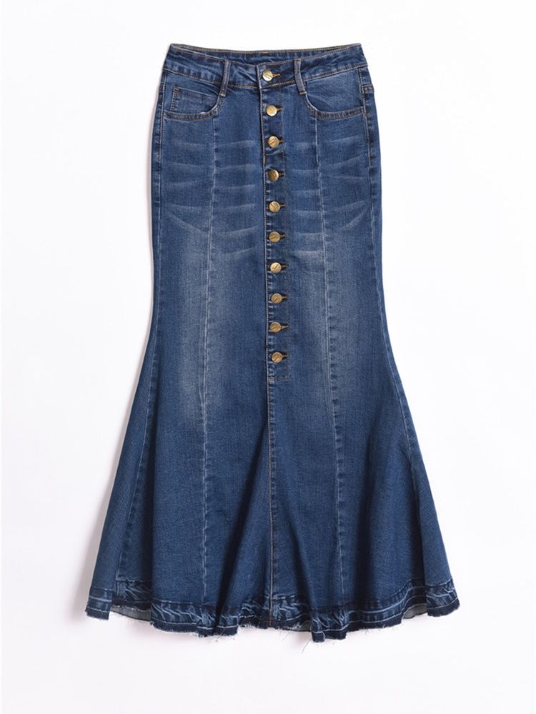 High-waist Ankel-length Mermaid Button Denim Dame Skirt