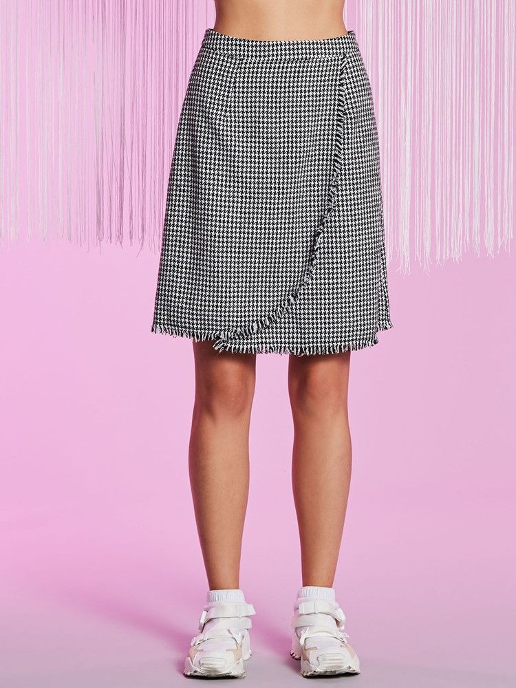 Knee-length Houndstooth Tassel Patchwork Dame Skirt