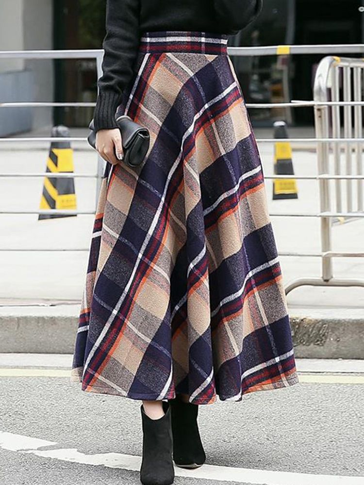 Plaid Expansion High-waist Thick Dame Long Skirt