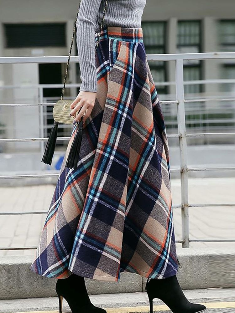 Plaid Expansion High-waist Thick Dame Long Skirt