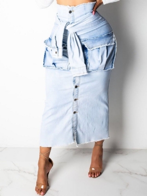 Plain A-line Denim Button Skirt For Kvinner