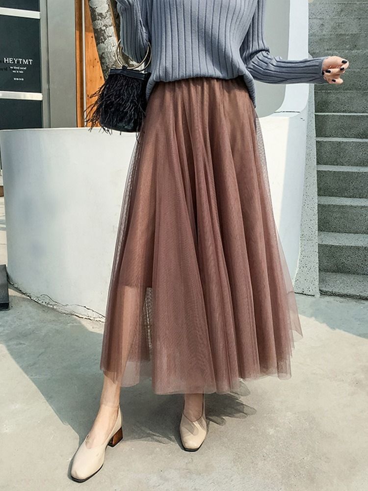 Plain Mesh Mid-calf Elegant Dame Skirt