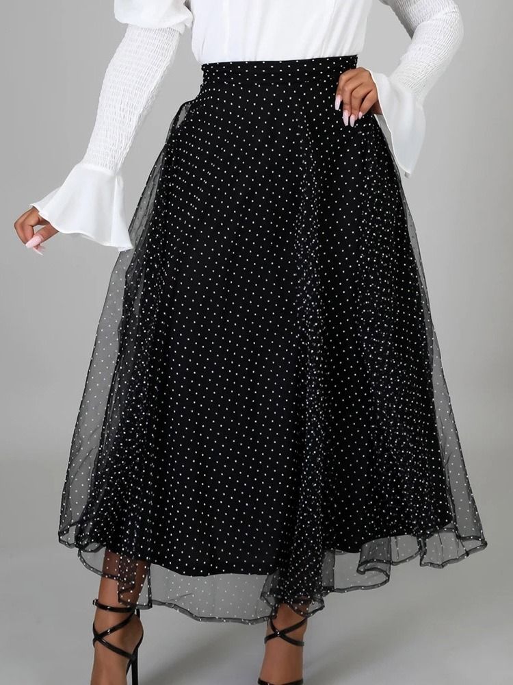 Polka Dots Mesh A-line Mid Waist Dame Skirt