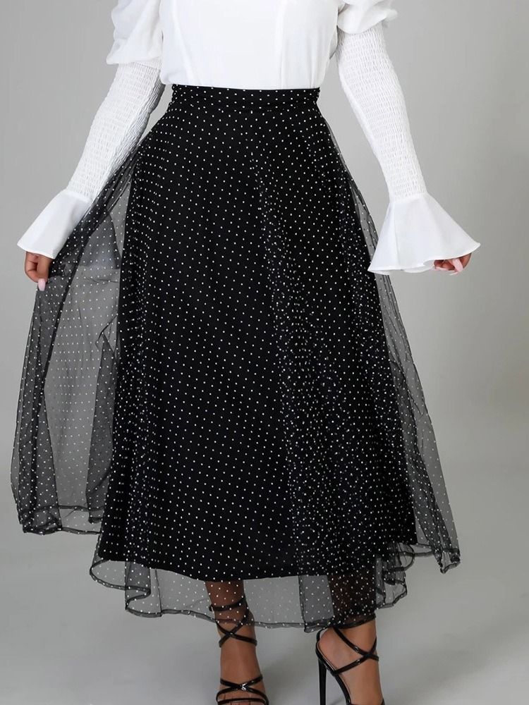 Polka Dots Mesh A-line Mid Waist Dame Skirt