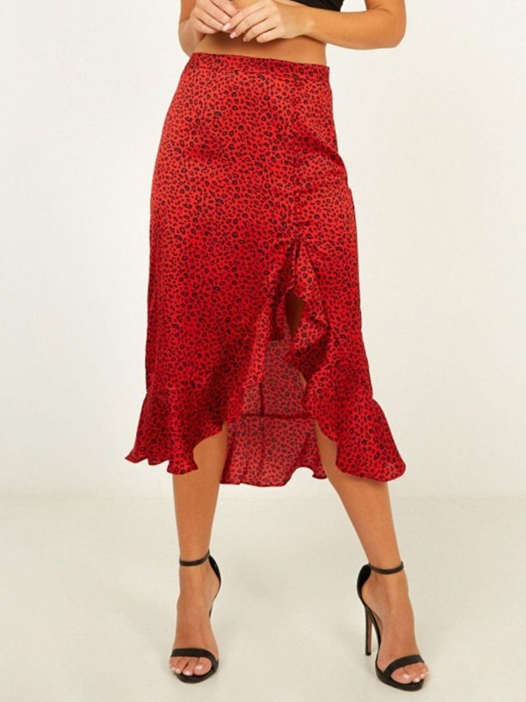 Ruffles Leopard Falbala Mid-calf Skirt For Kvinner