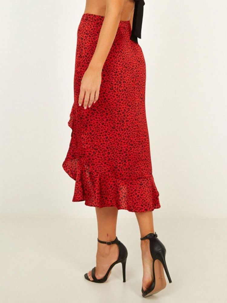 Ruffles Leopard Falbala Mid-calf Skirt For Kvinner