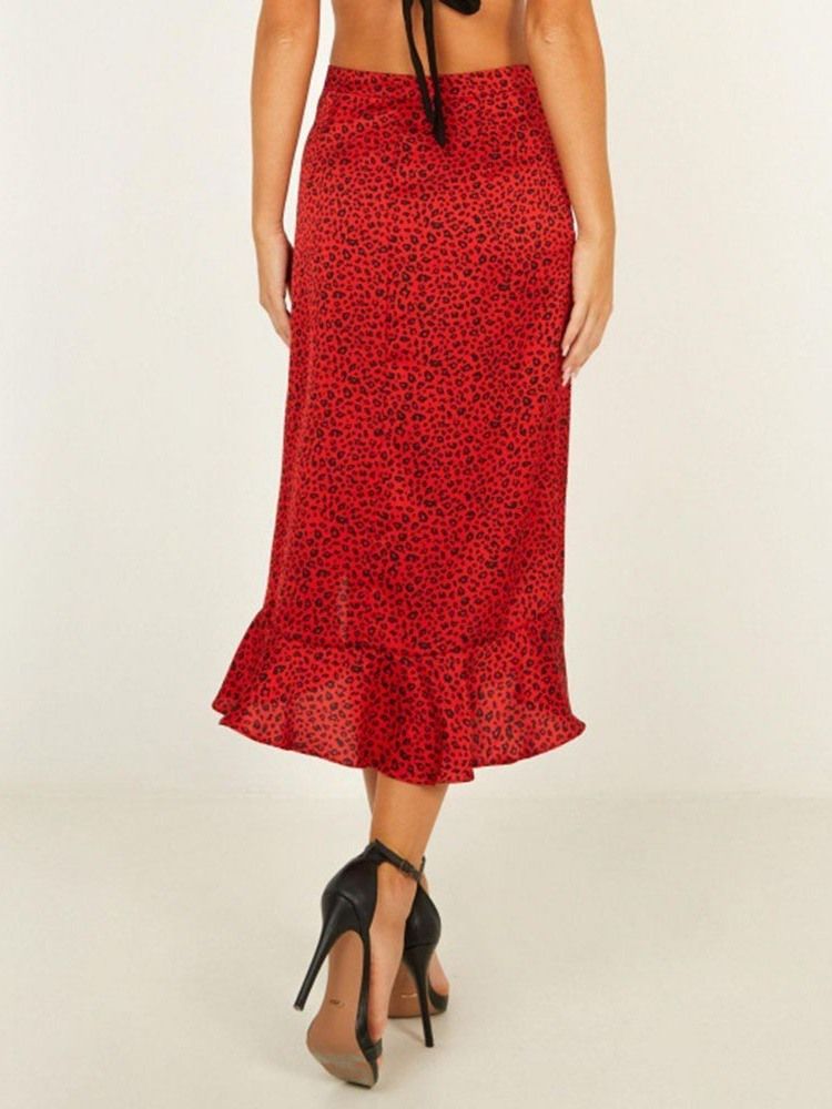 Ruffles Leopard Falbala Mid-calf Skirt For Kvinner