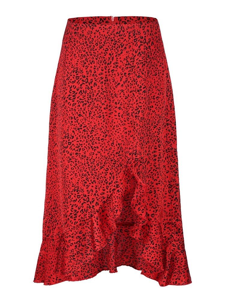 Ruffles Leopard Falbala Mid-calf Skirt For Kvinner