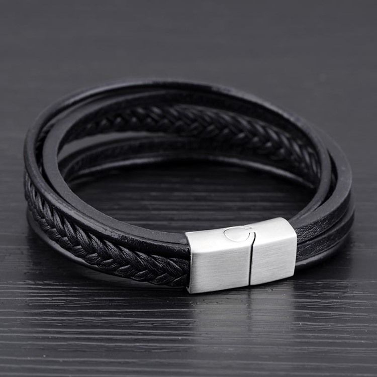 Multilayer Black Leather Weave Armbånd For Menn