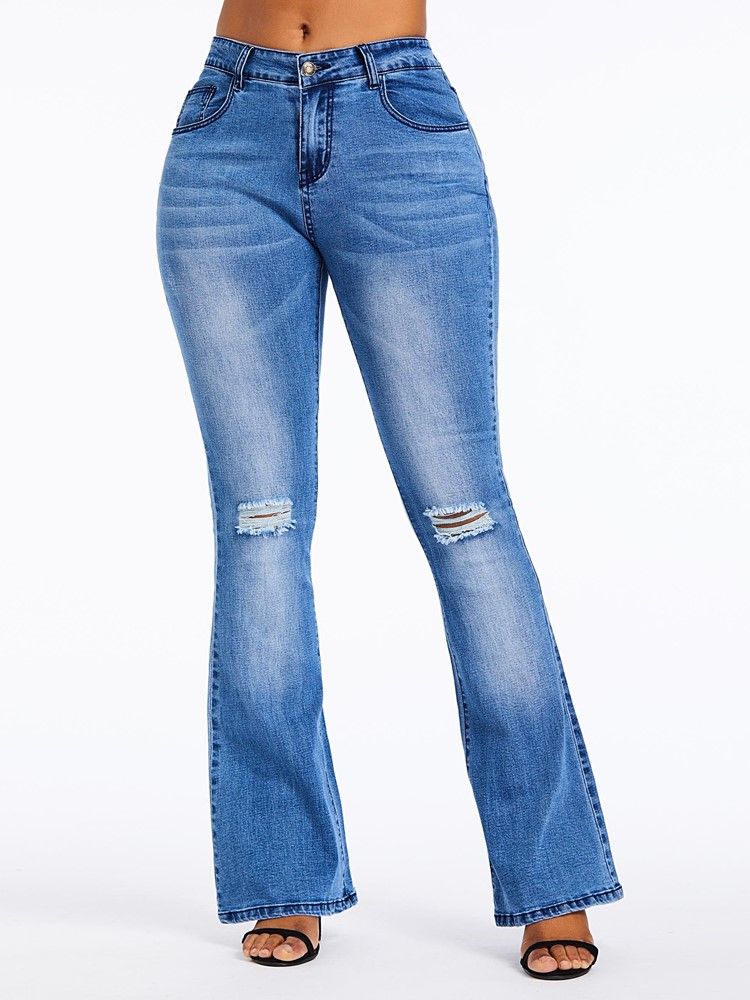 Bellbottoms Hole Plain Jeans Med Høy Midje Og Glidelås