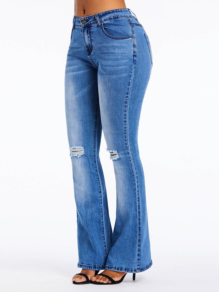 Bellbottoms Hole Plain Jeans Med Høy Midje Og Glidelås