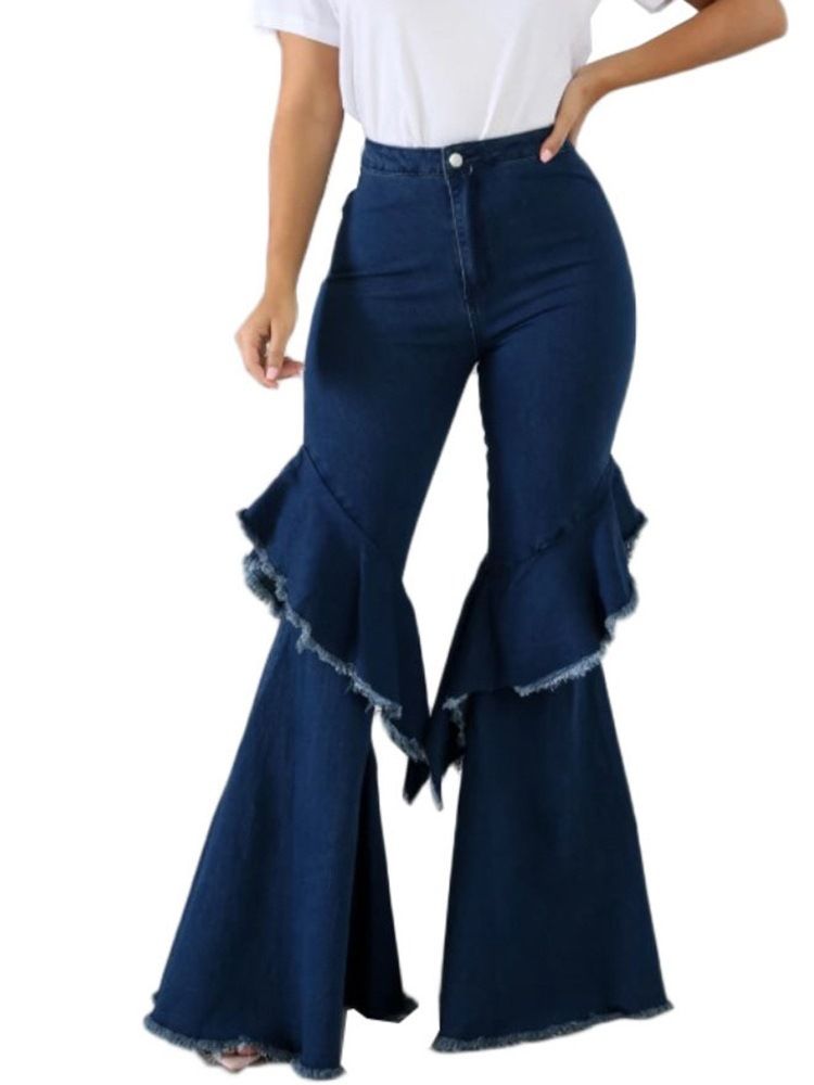 Bellbottoms-knapp For Kvinner Slank Jeans Med Høy Midje